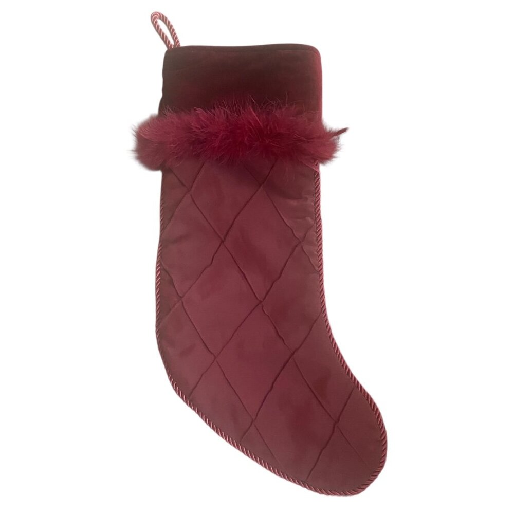 Red Quilted Christmas Stocking Faux Fur Trim Velvet‎ Satin Braided Rodeo Home